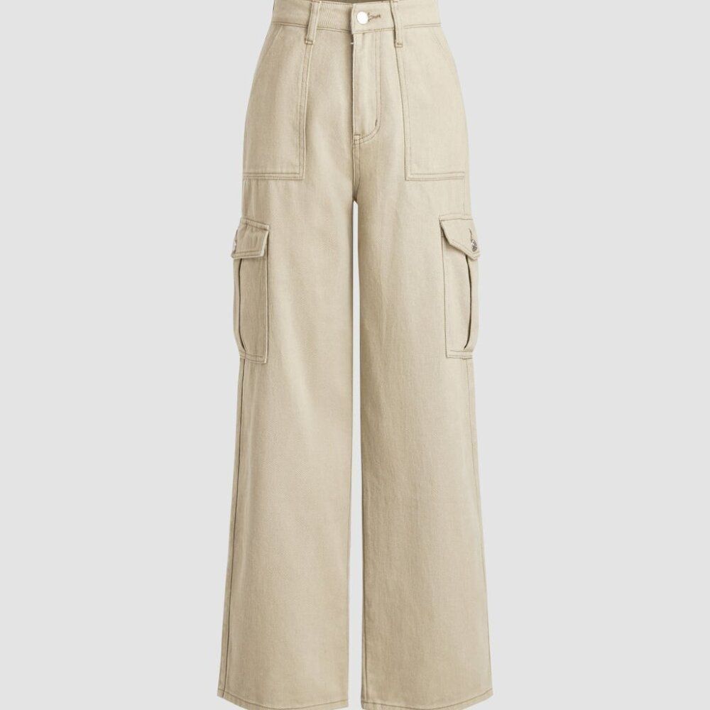 Y2K Cider Alessia Khaki Cargo Jeans Size S Cream Wide Leg Deep Pockets Skater